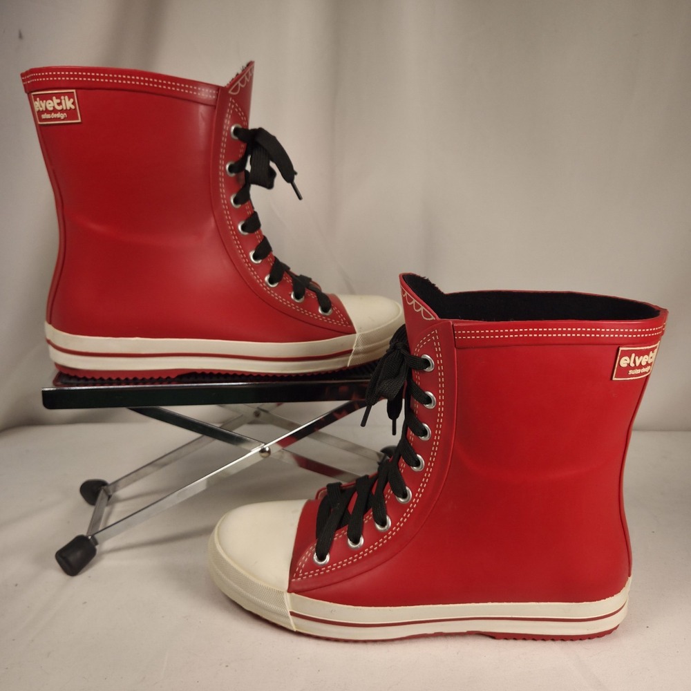 Elvetik Swiss Design Rubber Lace Up Rain Boots Women 8.5 Red Waterproof Galoshes